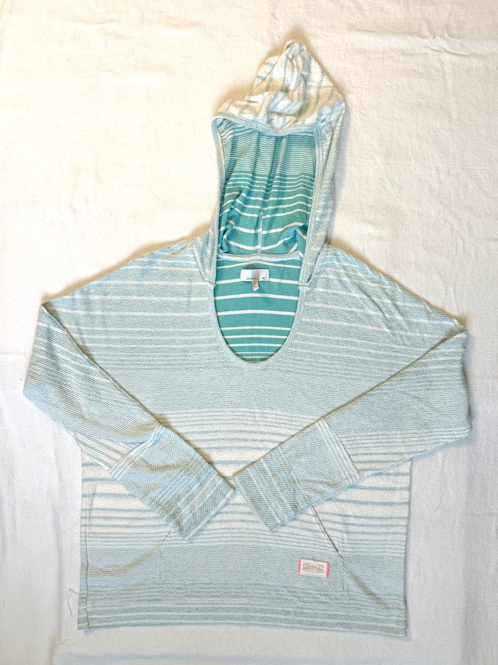 O'Neill Aqua and White Striped Hooded Pullover